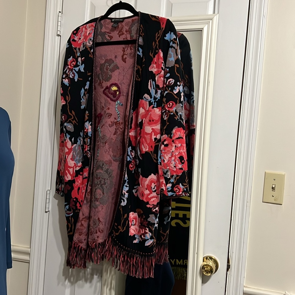 INC FLORAL OPEN LONG SWEATER DUSTER SIZE MEDIUM Fringes Embroidered